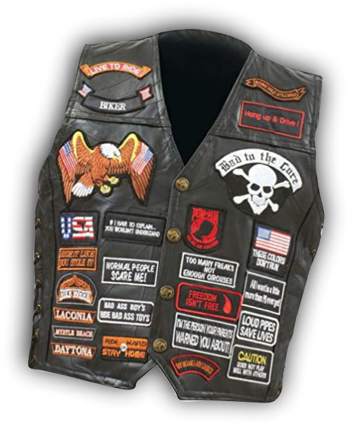 Leather motorcycle club jacket with patches